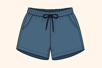 Women's summer shorts technical flat sketch. Fashion vector illustration of casual apparel with drawstring waist and pockets. Clothing design template, garment mockup isolated.