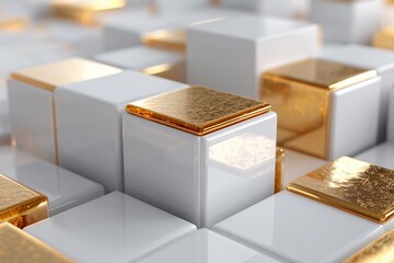 Sleek 3D gold foil geometric shapes on white, holographic shine, modern luxury branding material