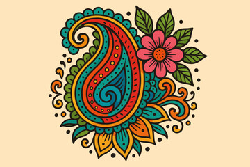 Colorful Mehndi paisley flower ornament. Indian traditional ethnic floral design. Vector illustration for decoration, henna tattoo, or bohemian style pattern element. Folk art style.