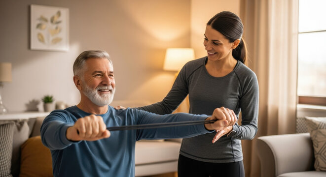 Senior man with a physical therapist doing resistance band exercises. Home care nurse assisting elderly patient with fitness and rehabilitation. Active, healthy retirement lifestyle.