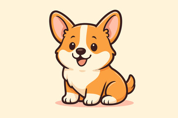 Cute corgi puppy illustration. Pembroke Welsh Corgi cartoon character. Happy smiling dog sitting. Vector pet animal design. Adorable kawaii graphic for kids, sticker, or pet shop logo.