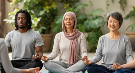 Serene multi-ethnic group meditating together in a wellness class. Black man, Muslim woman in hijab, and senior Asian woman practice mindfulness for stress relief and gratitude.