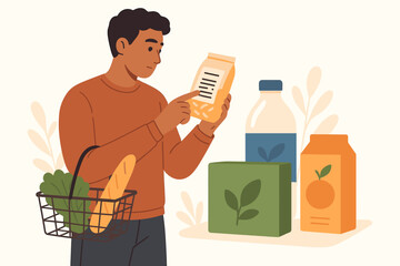 Conscious consumer man reading food label in grocery store. Customer choosing healthy, organic products. Smart shopping, nutrition check, healthy lifestyle and diet concept vector.