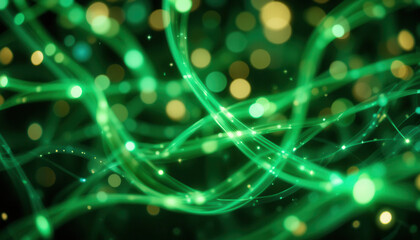 Fototapeta premium Abstract Green Light Trails and Bokeh, Technology Network Background