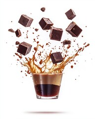 Chocolate Fudge Cubes Splashing into Espresso with Coffee Foam in Mid-Air on White Background.