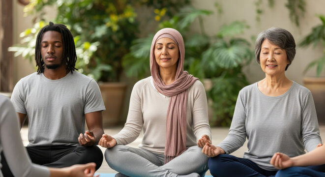 Serene multi-ethnic group meditating together in a wellness class. Black man, Muslim woman in hijab, and senior Asian woman practice mindfulness for stress relief and gratitude.