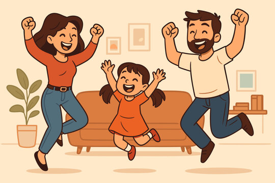 Joyful family celebration with happy parents and daughter jumping for joy at home. Mother, father, and child having fun together. Cartoon vector illustration of a happy family.