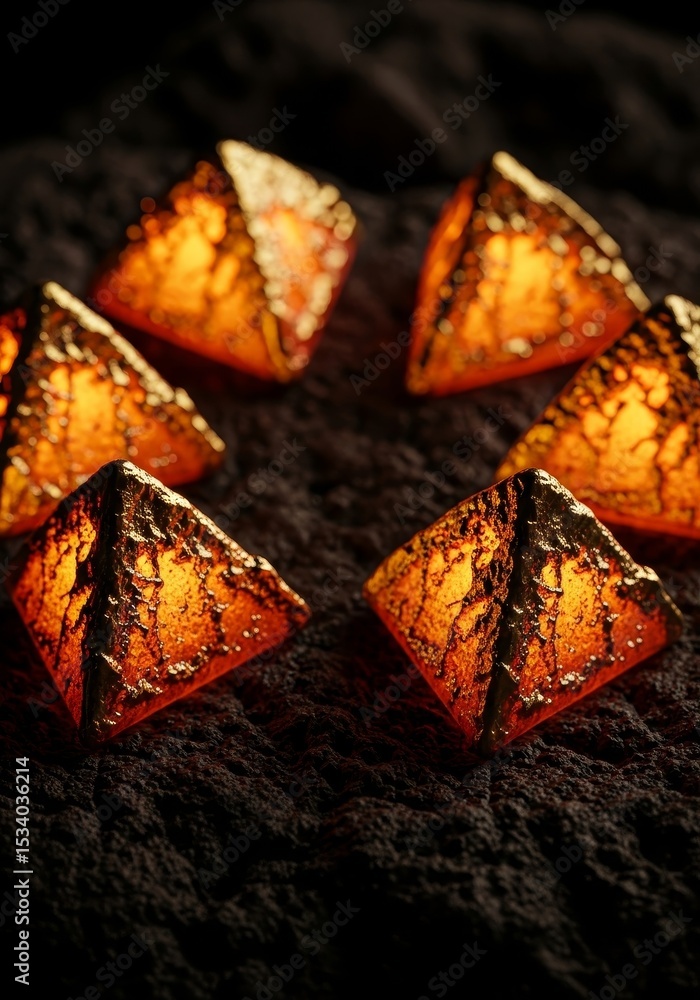 Poster glowing pyramid crystals - illuminated triangular crystals arranged in a circle on a dark textured s