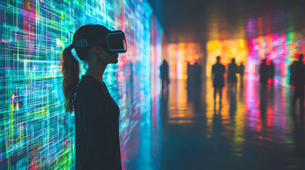 People viewing the exhibition and digital content. Art exhibition with augmented reality