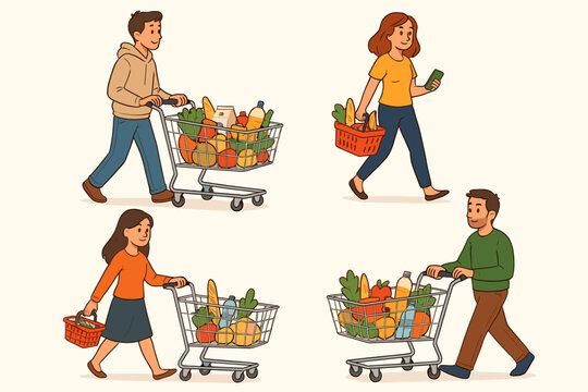 Set of cartoon people shopping for groceries. Men and women walking with shopping carts and baskets full of healthy food. Supermarket customers character collection vector illustration.