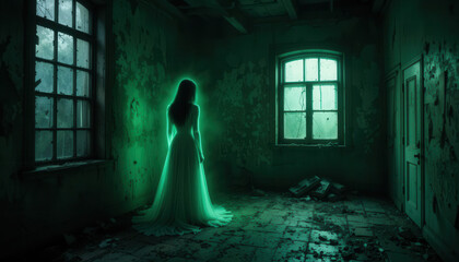 Ethereal Ghost in White Dress, Abandoned Room, Window Light