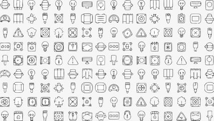 Illustration of various hand drawn icons including light bulbs, fans, and electronic components set