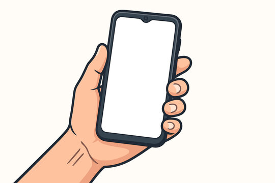 Hand holding smartphone with blank white screen. Mobile phone mockup for app or website display. Cartoon vector illustration isolated. Technology and communication concept.