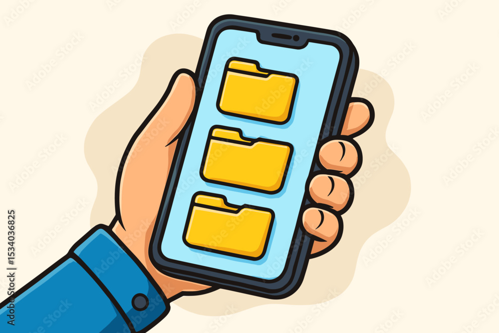 Poster hand holding a smartphone with folder icons on the screen. concept for file management, data storage