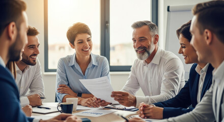 Fototapeta premium Successful business meeting with diverse colleagues collaborating. Happy team discussing a document report. Corporate professionals in a positive office environment working on a strategy.