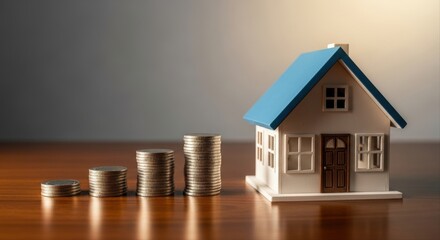 Miniature house model with stacks of coins for real estate investment and savings