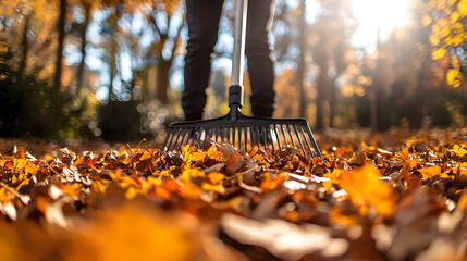 Person rake leaves in autumn