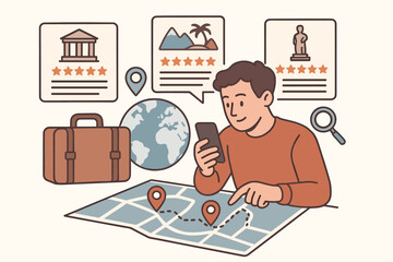 Man planning vacation using phone app. Tourist searching for destination and booking holiday. Vector illustration of travel planning, online booking, map route and research concept.