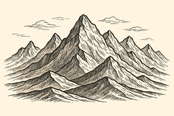 Mountain range illustration in a hand drawn vintage style. Sketch of a rocky landscape with peaks and clouds. Retro engraving for adventure, travel, hiking, and exploration concepts.
