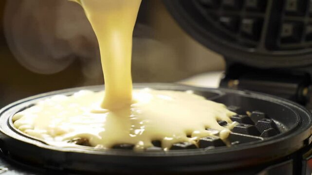 Waffle Batter Pouring onto Hot Iron for Breakfast