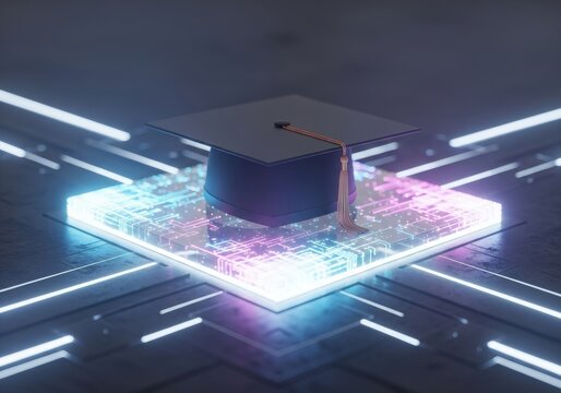 Graduation Cap on Circuit Board - Symbolizing online education, technological advancement in learning, future of academia, transformation, and knowledge accessibility