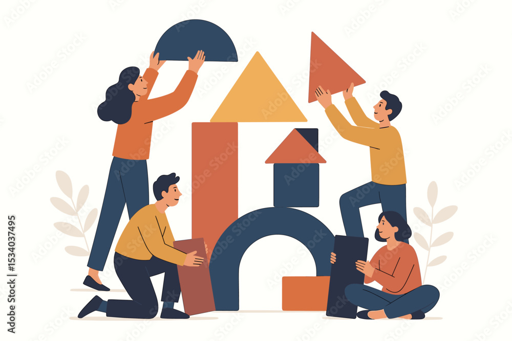 Poster teamwork collaboration concept. people building together with geometric blocks. business team workin