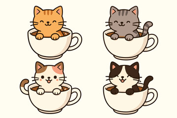 Set of cute kawaii cats in coffee cups. Collection of adorable cartoon kittens sitting in mugs. Funny pet animal character vector illustration for cafe menu, stickers, or kids.