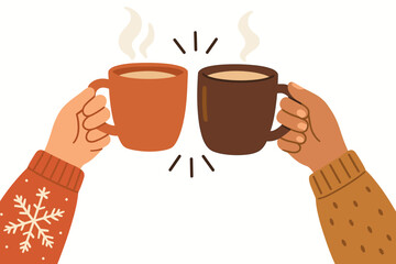 Winter cheers with hot drinks. Two hands clinking steaming coffee mugs in a festive toast. Friends in cozy sweaters celebrating Christmas holidays. Concept of warmth, friendship, and celebration.