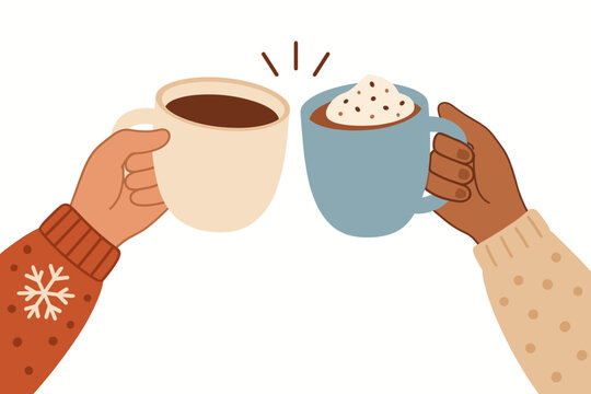 Two diverse hands in winter sweaters clinking coffee and hot chocolate mugs. Friends cheering for Christmas holiday. Cozy celebration toast with hot drinks. Vector illustration.