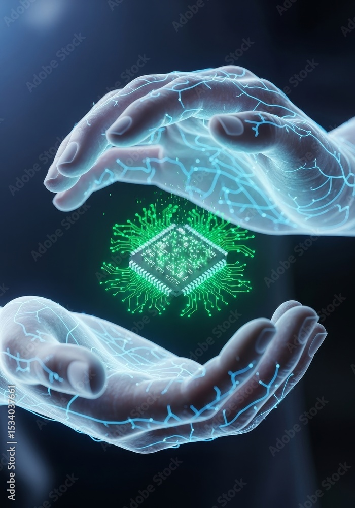 Poster hands protecting microchip - two translucent hands gently cradle a glowing green microchip, symboliz