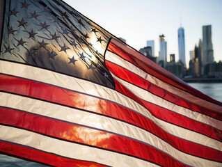 American Flag Waving, Backlit by Sun, City Skyline Background