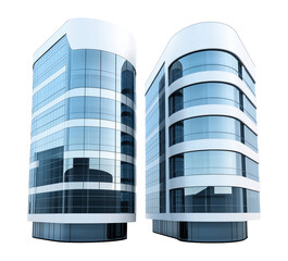 Two modern office buildings with curved architecture image isolated transparent. Reflective glass exteriors isolated cutouts 3d render. Realty real estate cut outs design png collection