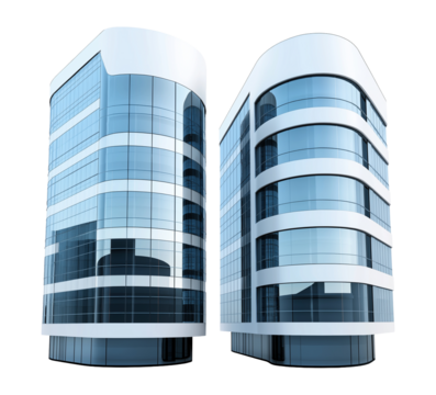 Two modern office buildings with curved architecture image isolated transparent. Reflective glass exteriors isolated cutouts 3d render. Realty real estate cut outs design png collection
