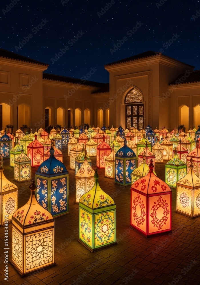 Poster illuminated courtyard lanterns - hundreds of colorful lanterns illuminate a courtyard at night, crea
