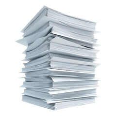 Tall stack of messy white office papers image isolated transparent. Administrative overload. Bureaucracy paperwork cut out photo png. Empty sheets cutout element object photography