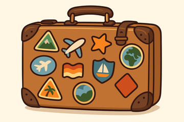 Vintage travel suitcase covered with stickers. Retro luggage for adventure and vacation. World journey concept with old baggage and travel decals. Flat cartoon vector illustration.