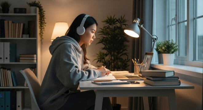 Young Asian woman wearing headphones, studying online using a laptop at her home desk at night. Focused female student watching a video lesson or webinar. E-learning, remote education concept.