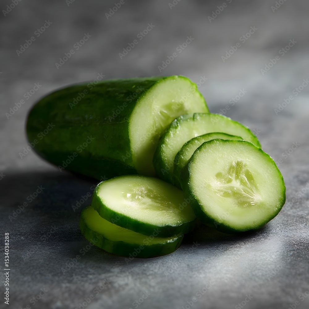 Poster Sliced green cucumber next to a whole cucumber