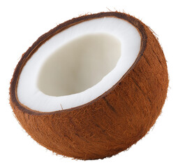 Single coconut half with fibrous shell image isolated transparent. Cocos nucifera drupe cut out photo png. Exotic coco nut with brown husk. Tropical fruit cutout object photography