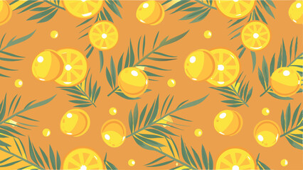 Seamless pattern featuring lemons, lemon slices, and green leaves on an orange background design