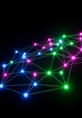 Illuminated Network Connections - Abstract symbolizing connection, technology, innovation, communication, and global network. Bright, colorful nodes and lines illustrate a complex system