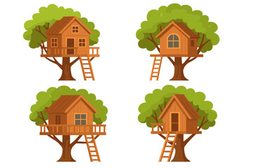 Treehouse set vector. Cartoon tree house collection. Wooden playhouse on a tree. Kids summer adventure. Children game illustration. Eco nature retreat. Isolated forest building.