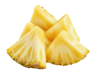 Wedge-cut pineapple pieces image isolated transparent. Ananas comosus tropical fruit cut out photo png. Healthy treat. Fiber rich. Exotic snack cutout element object photography