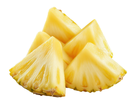 Wedge-cut pineapple pieces image isolated transparent. Ananas comosus tropical fruit cut out photo png. Healthy treat. Fiber rich. Exotic snack cutout element object photography