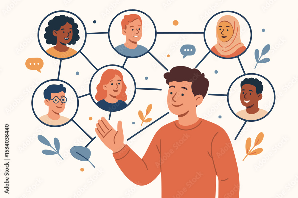 Poster man building a diverse team. global connection and social network concept. multicultural community c