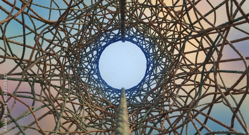 Poster intricate rope structure skyward - a low angle view looking up through a complex network of interwov
