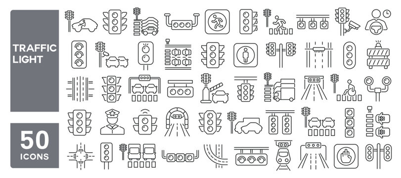 Set of 50 line icons related to traffic light, control, signal, spotlight, road, regulation, traffic, Editable stroke. Vector illustration