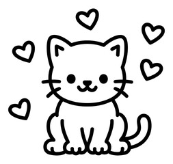 Fototapeta premium Cute cartoon line art cat with hearts transparent image. Kawaii kitty outline drawing isolated cutout. Sitting kitten mascot. Pet domestic animal cut out clipart design element png