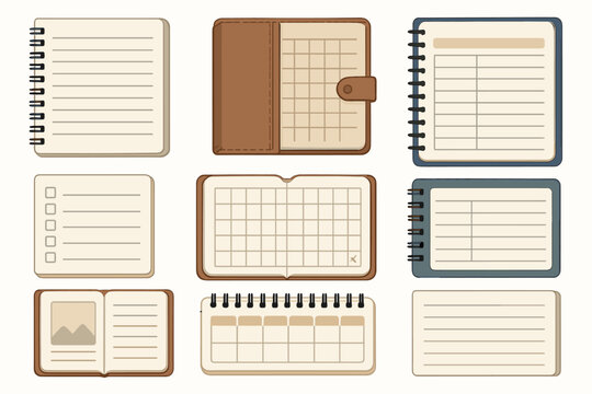Vector set of notebooks, planners, and diaries. Cute stationery collection with memo pads, journals, and to-do lists. Scrapbook elements, school supplies, agenda templates.