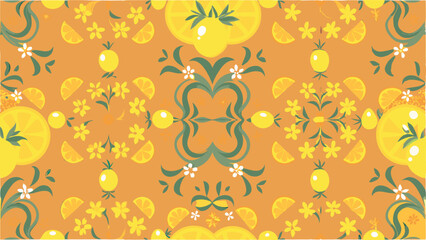 Repeating pattern of lemons, lemon slices, flowers and green flourishes on an orange background is seen